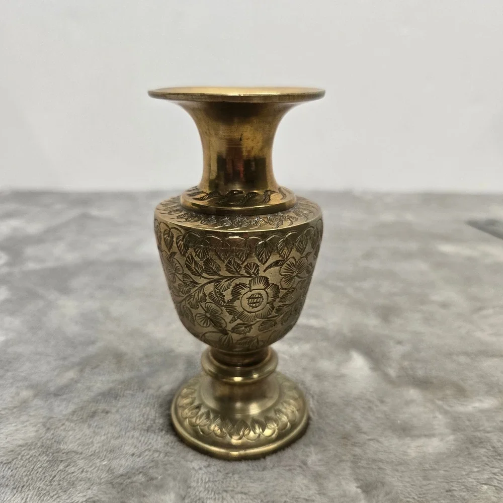 Vintage Etched Brass Bud Vase India Floral Engraved Pedestal Mini Vase 5.25 Inch